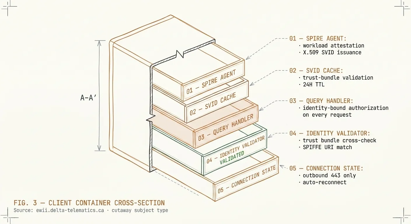 Cutaway cross-section of the Ewii Client container, a stylized rectangular vessel with the front face removed. Four stacked internal subsystems are visible: SPIRE AGENT (workload attestation, X.509 SVID issuance), SVID CACHE (Hub-side trust bundle validation, 24h rotation, shown with a subtle copper-amber tint), QUERY HANDLER (install-time allow-list enforced per query, destination-constrained), and CONNECTION STATE (outbound port 443 only, automatic reconnection, no inbound listener). Dashed leader lines connect each subsystem to labelled callout blocks in the right margin. Section-line indicator A–A marks the cutaway plane.